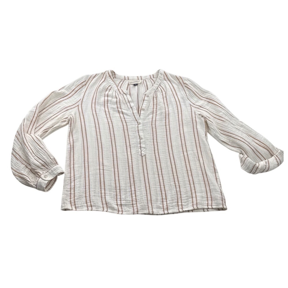 Universal Thread Blouse Womens Medium White Tan Striped Excellent Cotton Gauze - Picture 2 of 8